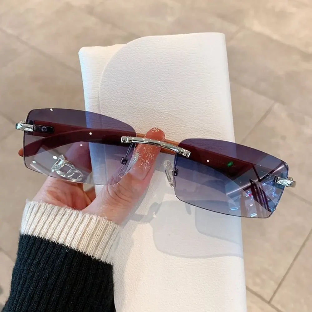 Rimless sunglasses men women wooden pattern luxury brand retro square sun glasses fashion shades uv400 travel outdoor