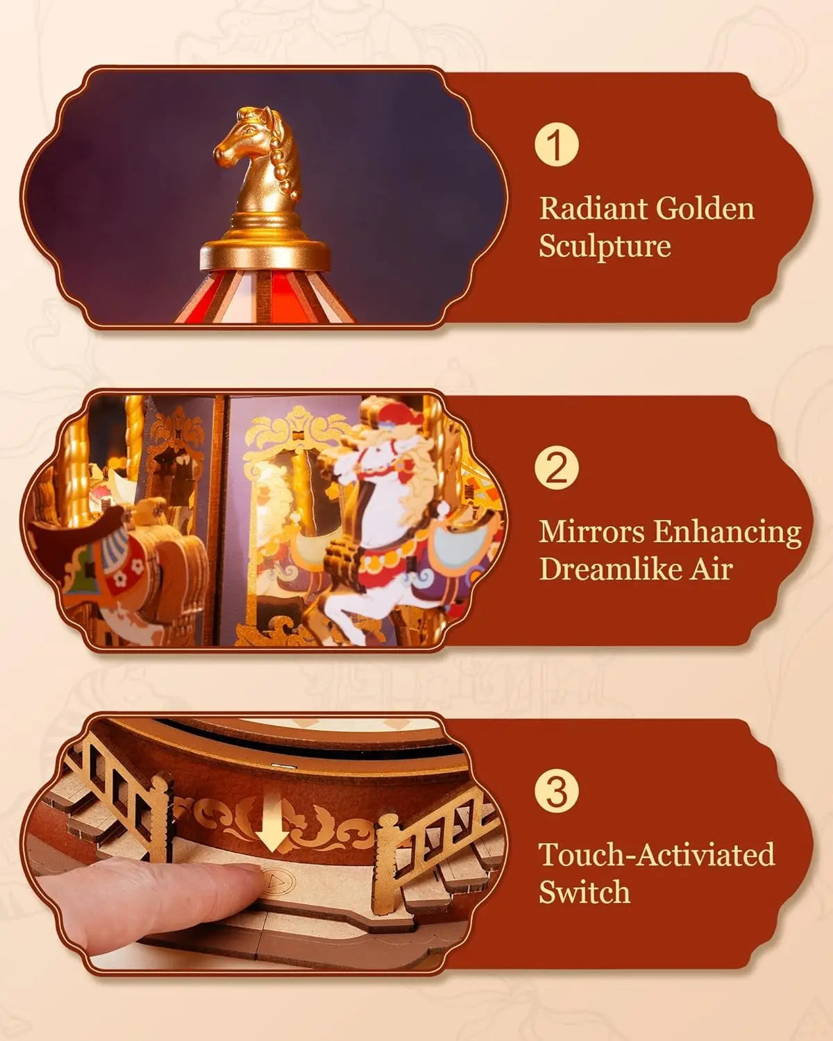 Robotime 3d wooden puzzle carousel music box with led lights gear model building construction craft kits xmas gifts