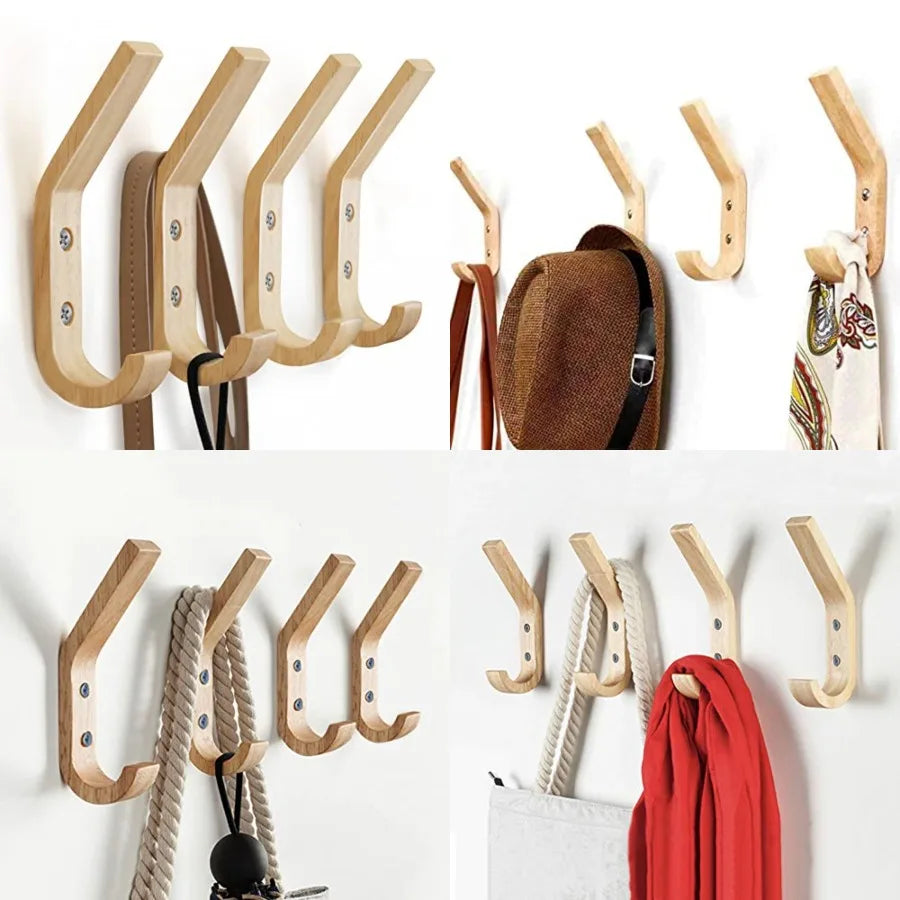 Heavy duty wall mounted wooden coat hooks in natural oak wood for organizing coats keys caps and cups decorative