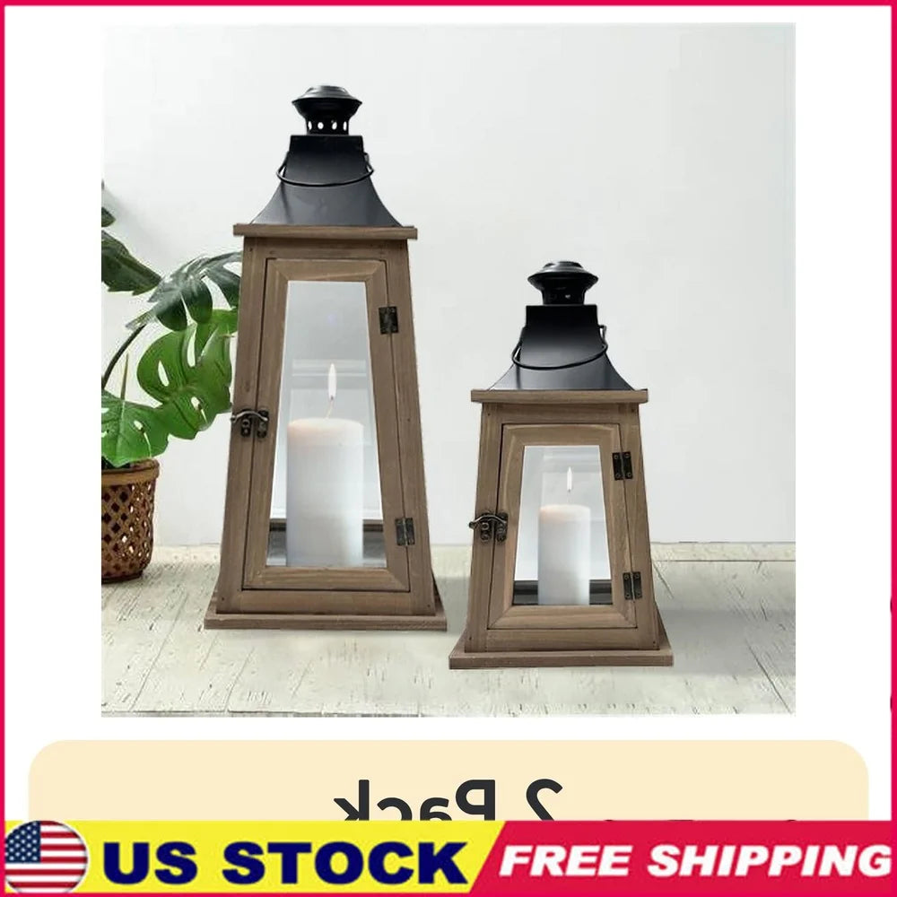 2-pack-rustic-wood-metal-lantern-candleholder-decorative-light-holder-indoor-use-with-clear-glass-windows-pillar-candles
