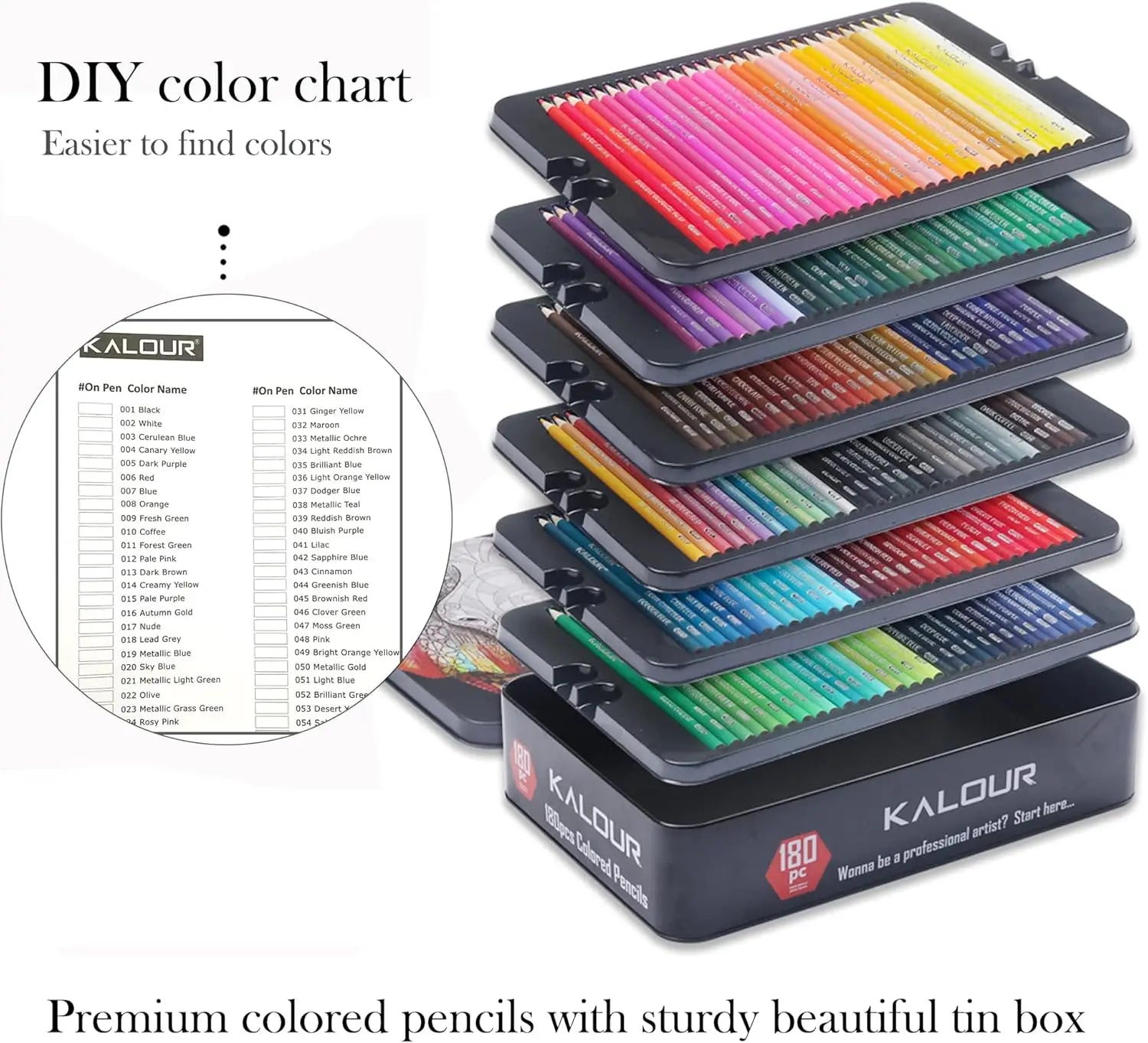 Kalour 180 colored pencil set for adults artists - rich pigment soft core -12 metallic - ideal coloring drawing - color