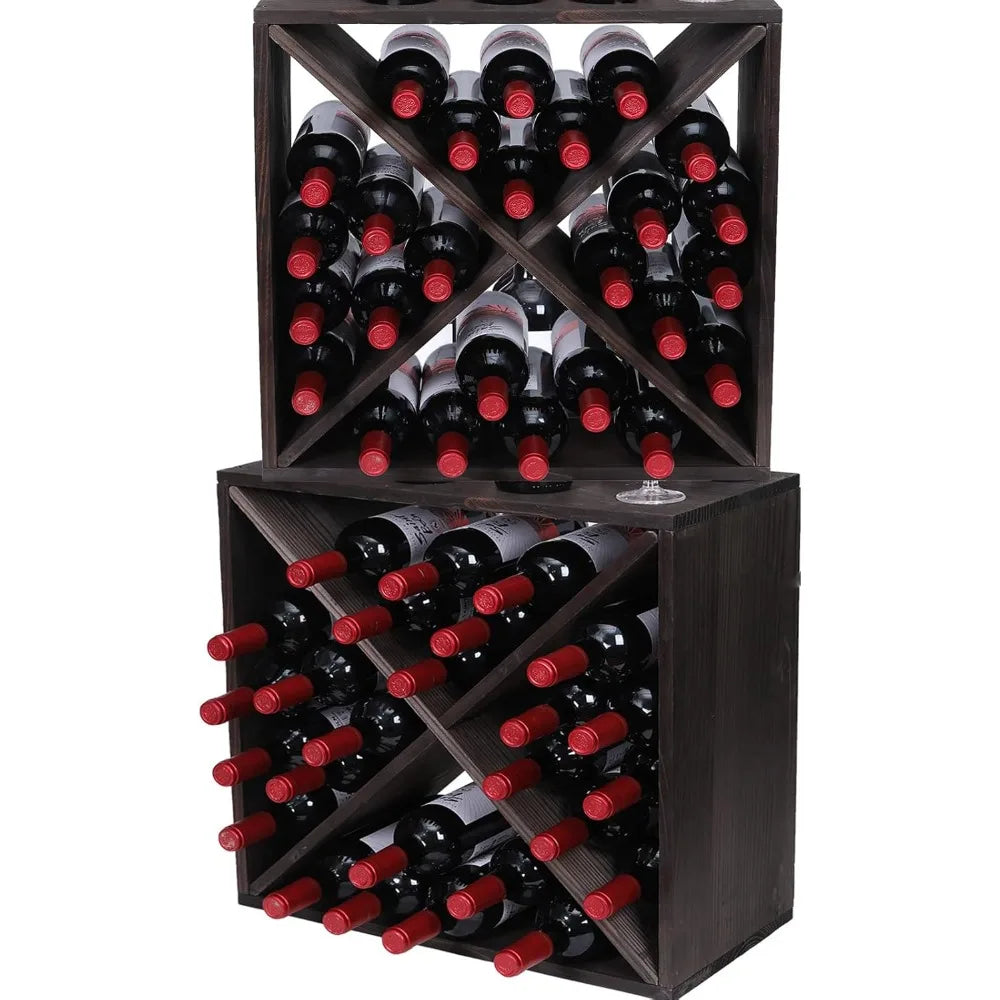 Racks countertop solid wood stackable storage rustic retro cube 48-bottle wooden wine rack cabinet(48bottleblack)