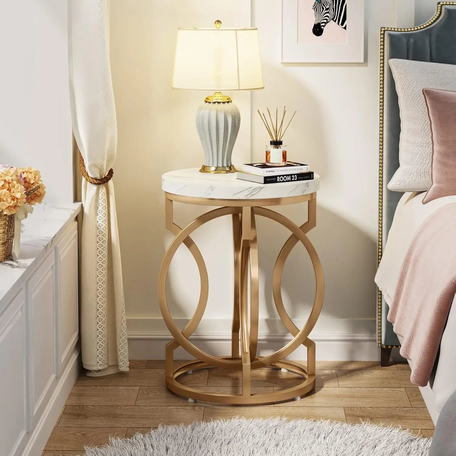 Round end table - multifunctional accent side modern white gold nightstand with faux marble tabletop bedside