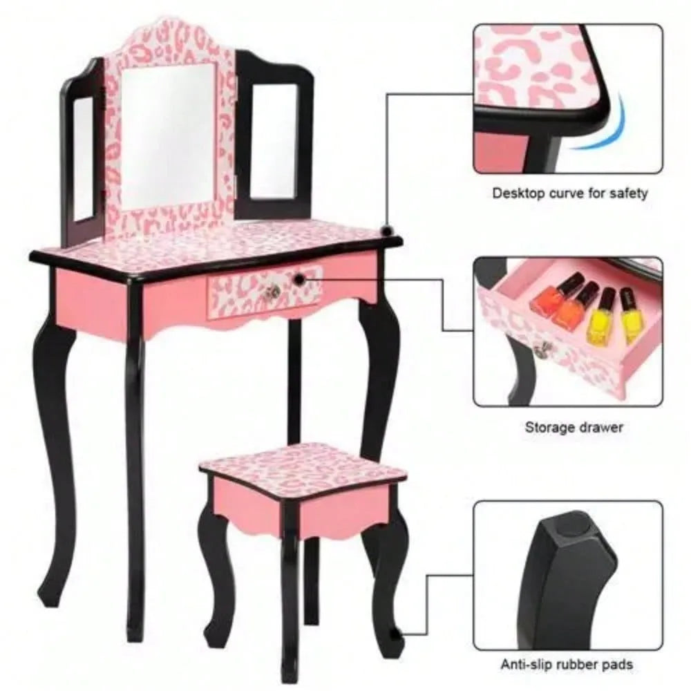 Pretend play vanity table and chair set with mirror makeup dressing gift - united states
