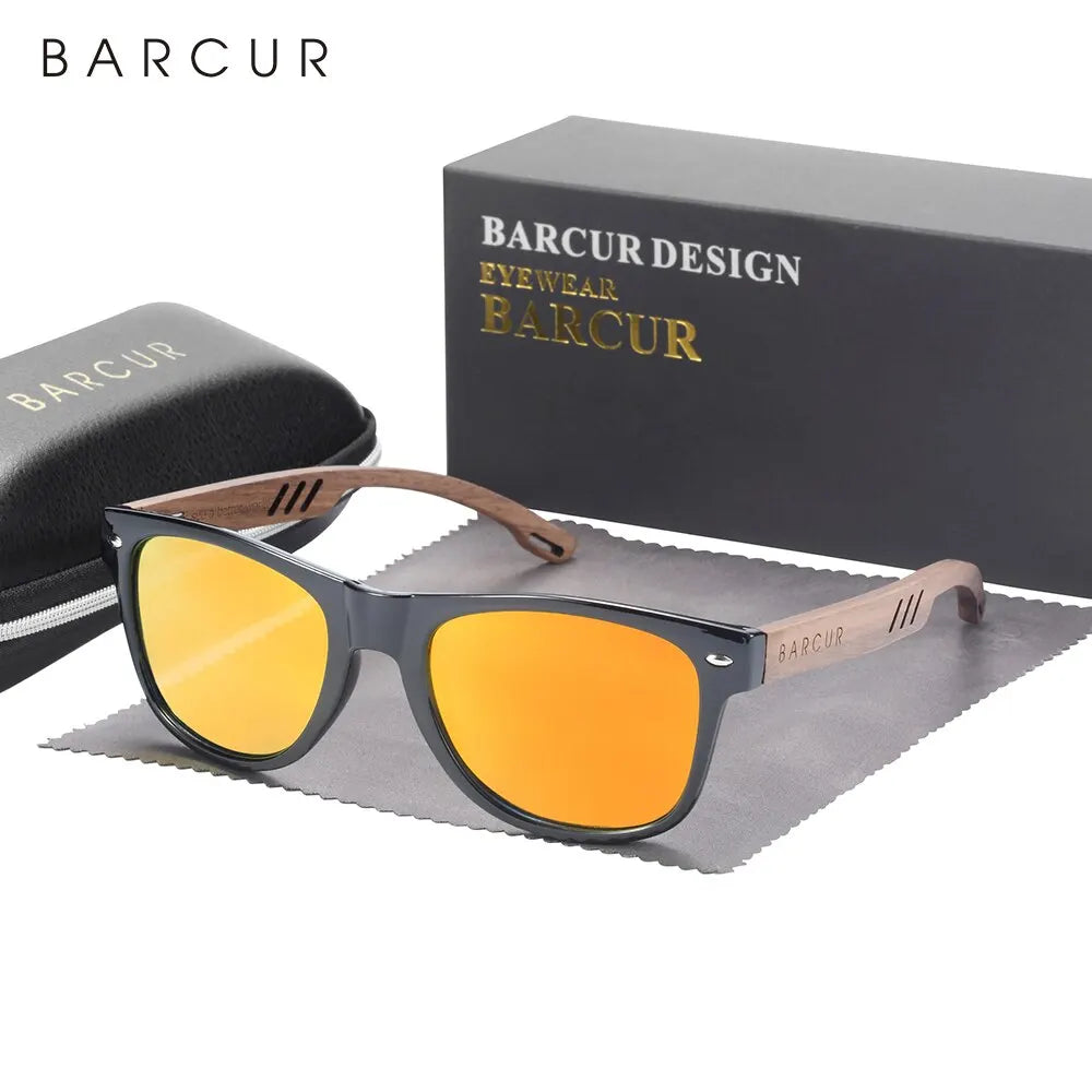 Barcur design wood sun glasses man natural walnut sunglasses women eyeglasses polarizing uv protection eyewear - orange