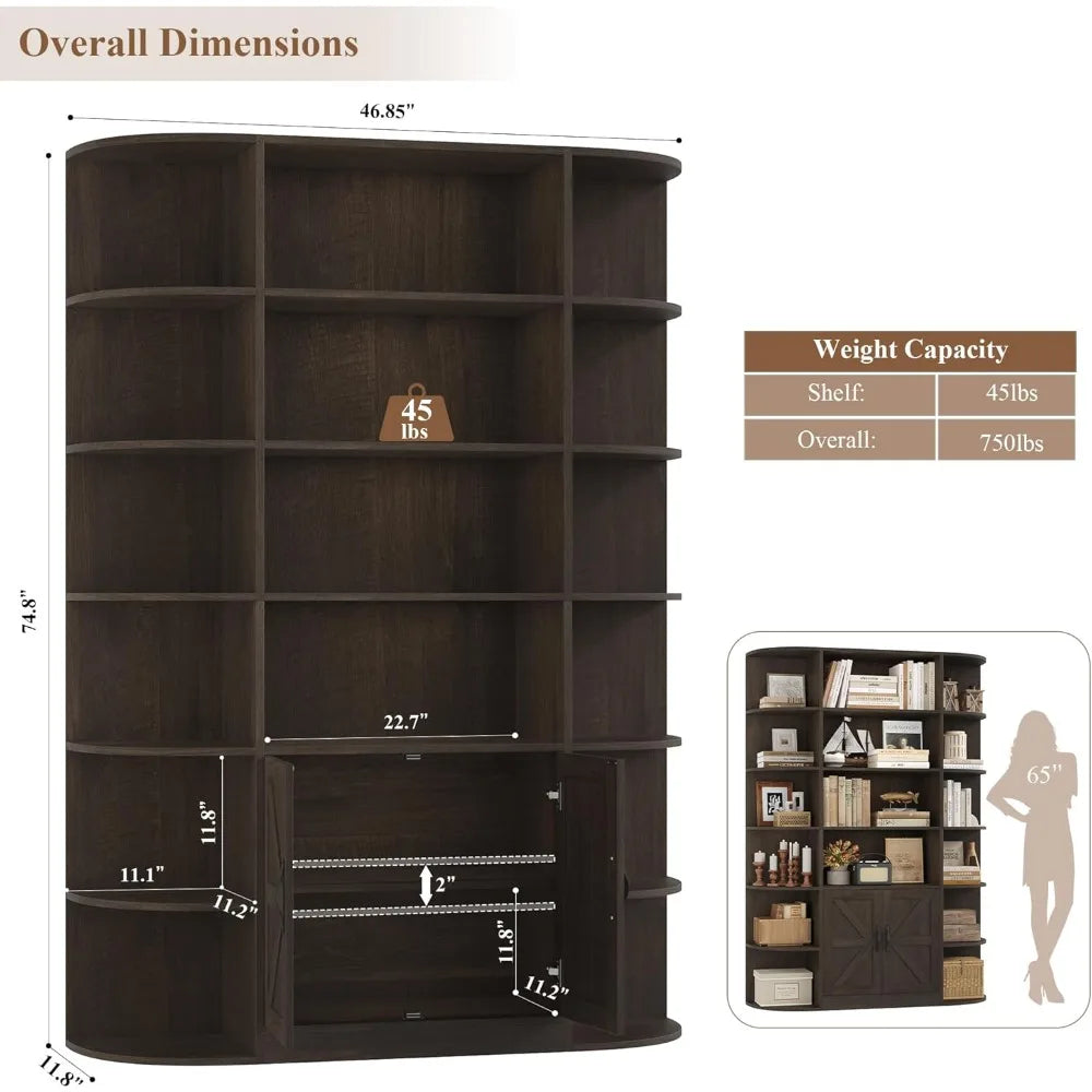 ’6-shelf 75-inch tall bookshelf with storage and 47-inch wide doored bookcase freestanding wooden display shelf’