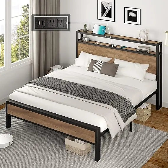 Queen size bed frame industrial platform with charging station 2-tier storage headboard/no box spring