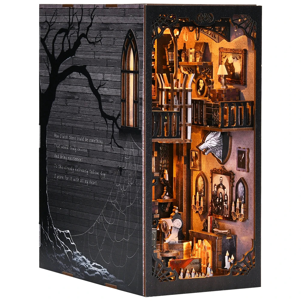 Book nook kit the dark family 3d wooden puzzle diy gothic style home decoration for bookshelf miniature insert magic