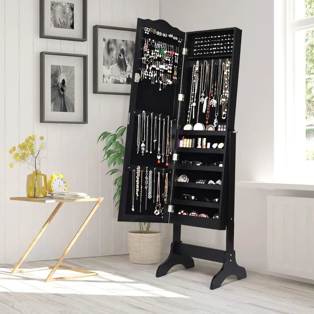 Jewelry armoire organizer with full length mirror 14 leds floor standing cabinet 2 drawers 4 adjustable angles
