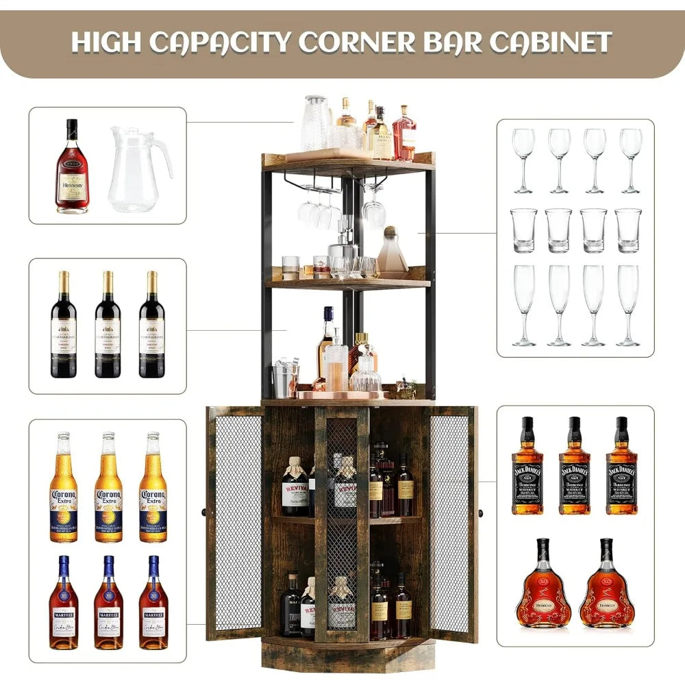 Corner bar cabinet with wine rack 65’’ h 5-tier brown wood liquor display magnetic doors for home living room kitchen s