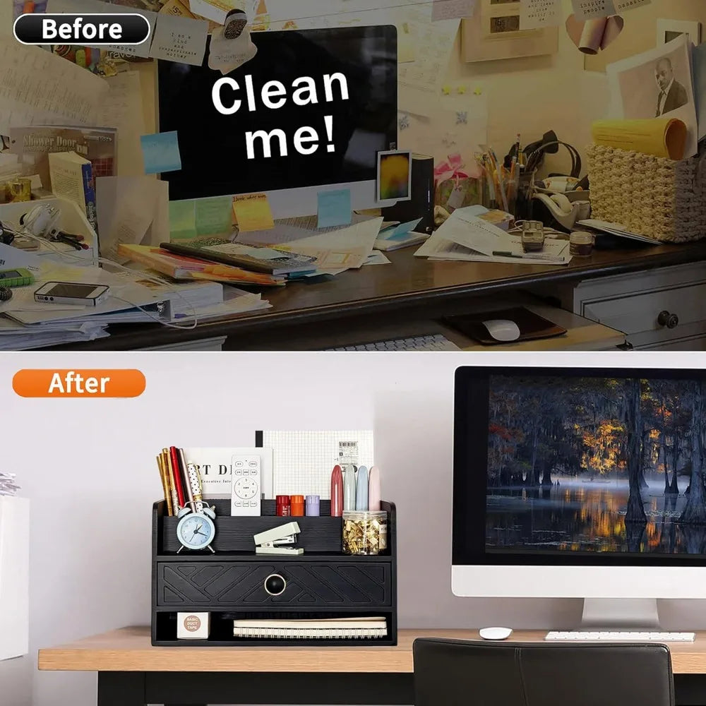 Black wood desk organizer and accessories with drawer bill mail file holder for office supplies access - united states