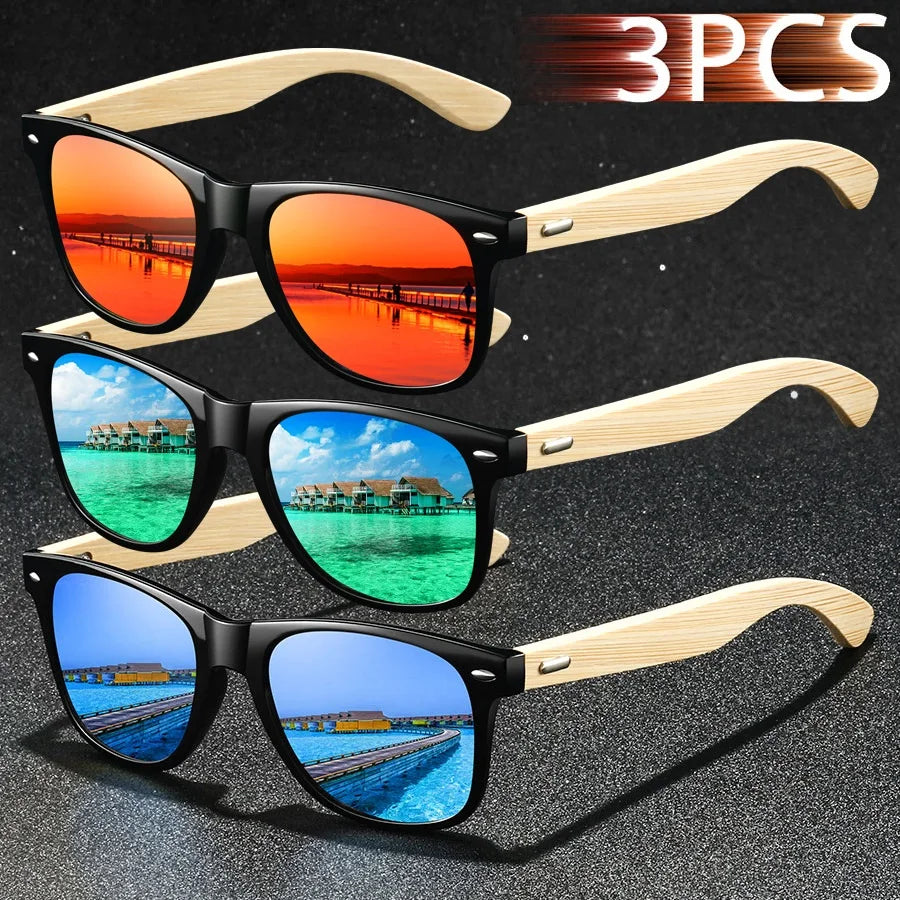 3pcs fashion vintage bamboo wood square sunglasses men women fishing driving man luxury brand designer sun glasses