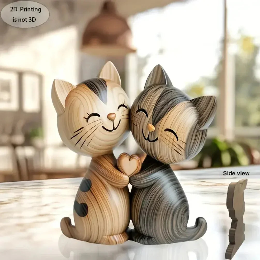 Wooden kitten couple sculpture charming 2d flat cat enthusiast gift light and dark wood grain desktop entrance home