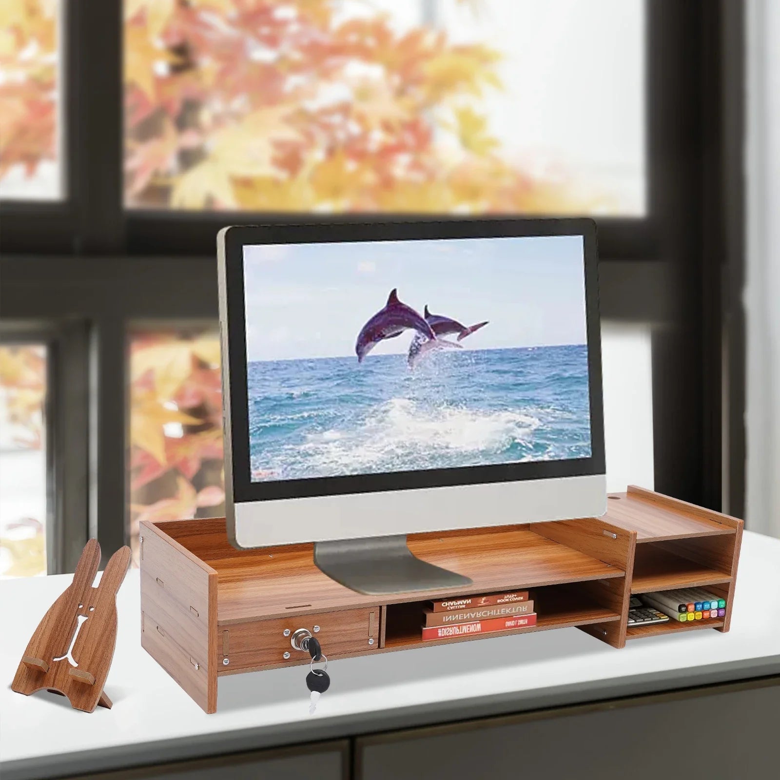 Sturdy bamboo wood monitor stand riser w/ drawer - desk storage organizer wooden with cone,computer desktop - color