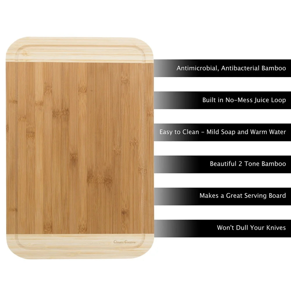 Eco-friendly two tone bamboo cutting board with juice groove extra thick kitchen chopping serving anti-microbial