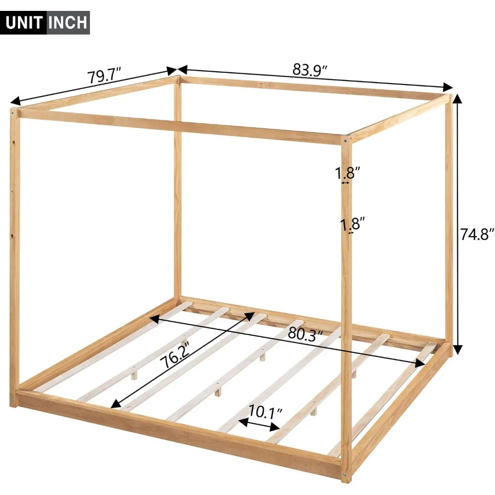 King size canopy platform bed frame with support legs no box spring needed 700 lbs weight capacity (natural)