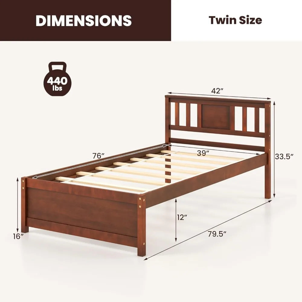 Giantex twin bed frame with headboard mid century solid wood platform single panel slat support no box spring ne