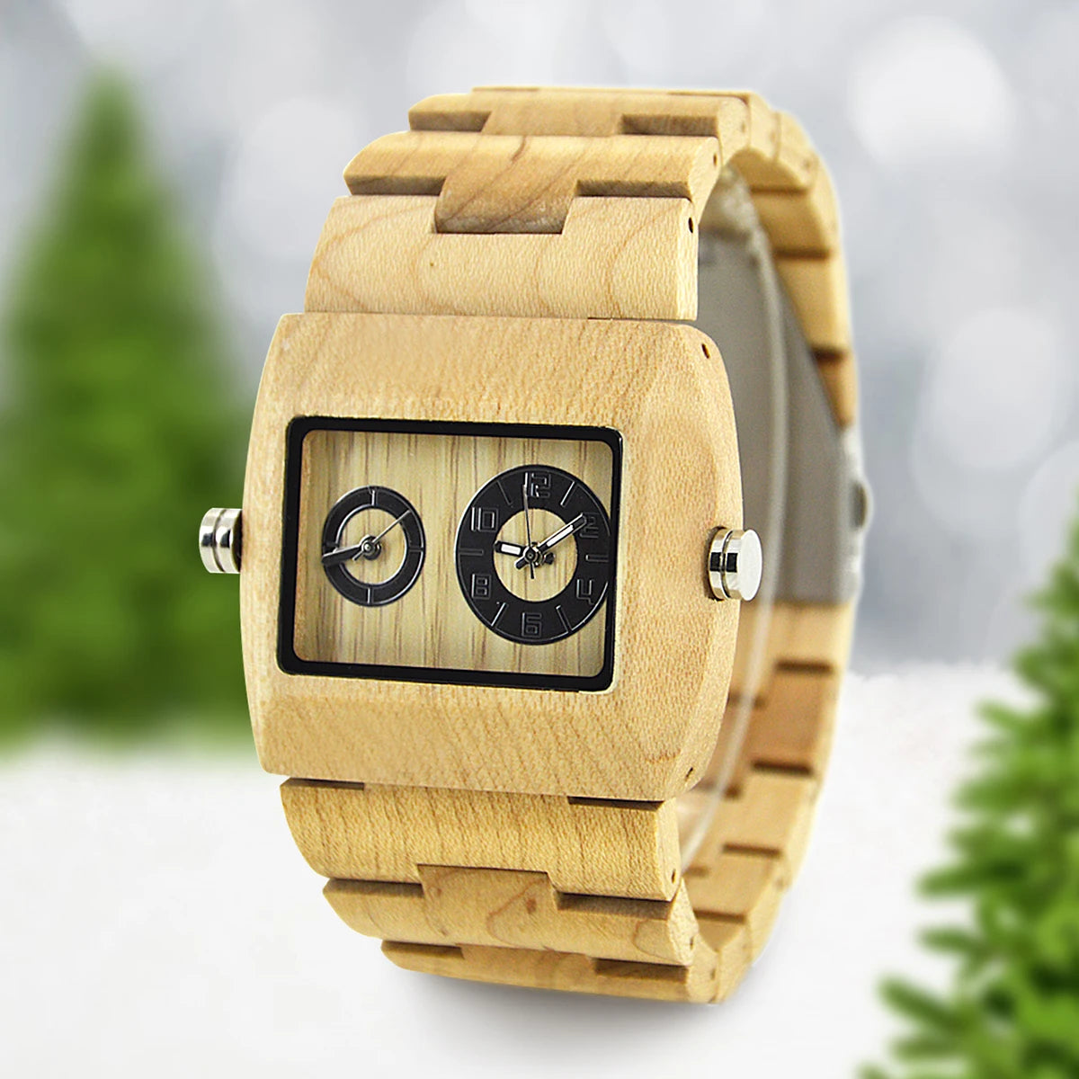Square dial wooden watches for men dual time display wood - 021c