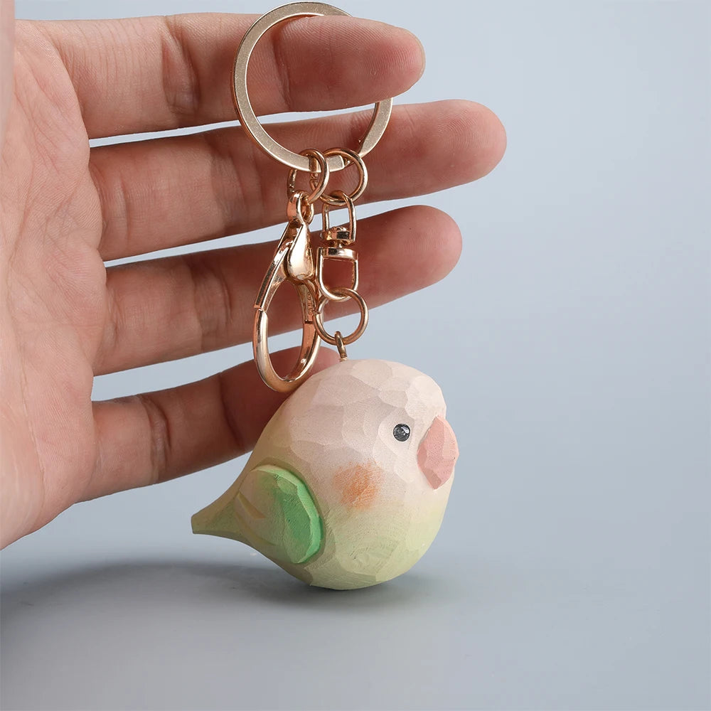 Handcrafted green parrot keychain wooden sculpture bag charm car key holder blue keyring handmade gift christmas - chain