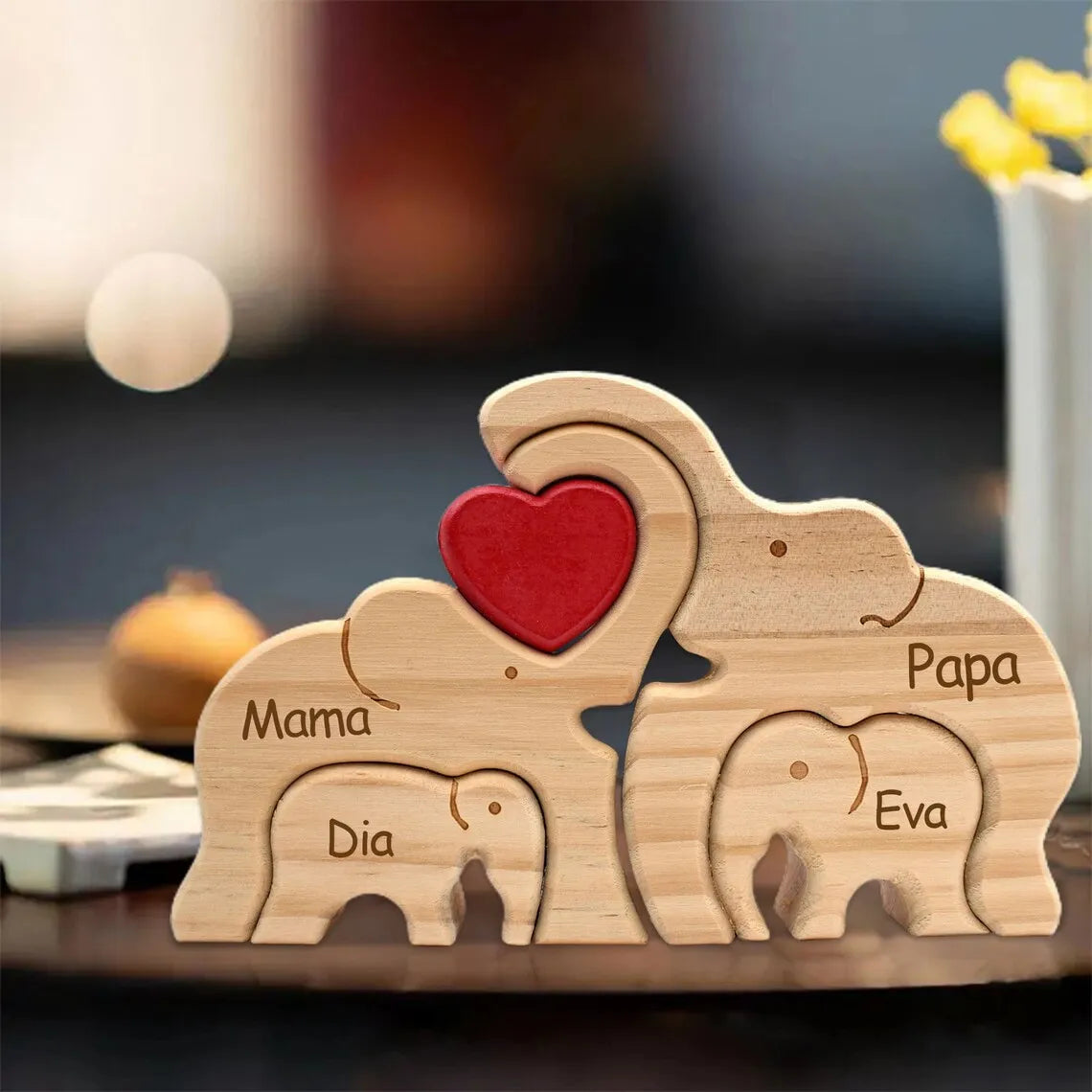 Personalized elephant family wooden puzzle love animal wood custom name sculpture free engraving decor gifts