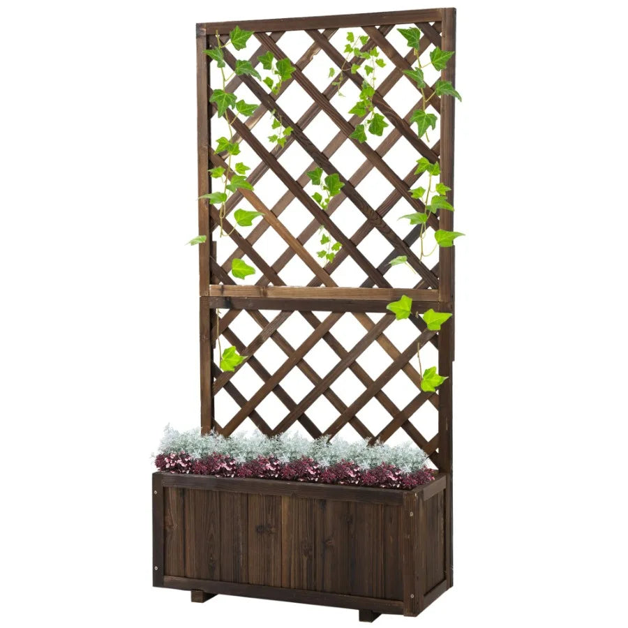 Wooden raised garden bed with trellis planter box drain holes for climbing vine plants brown - united states