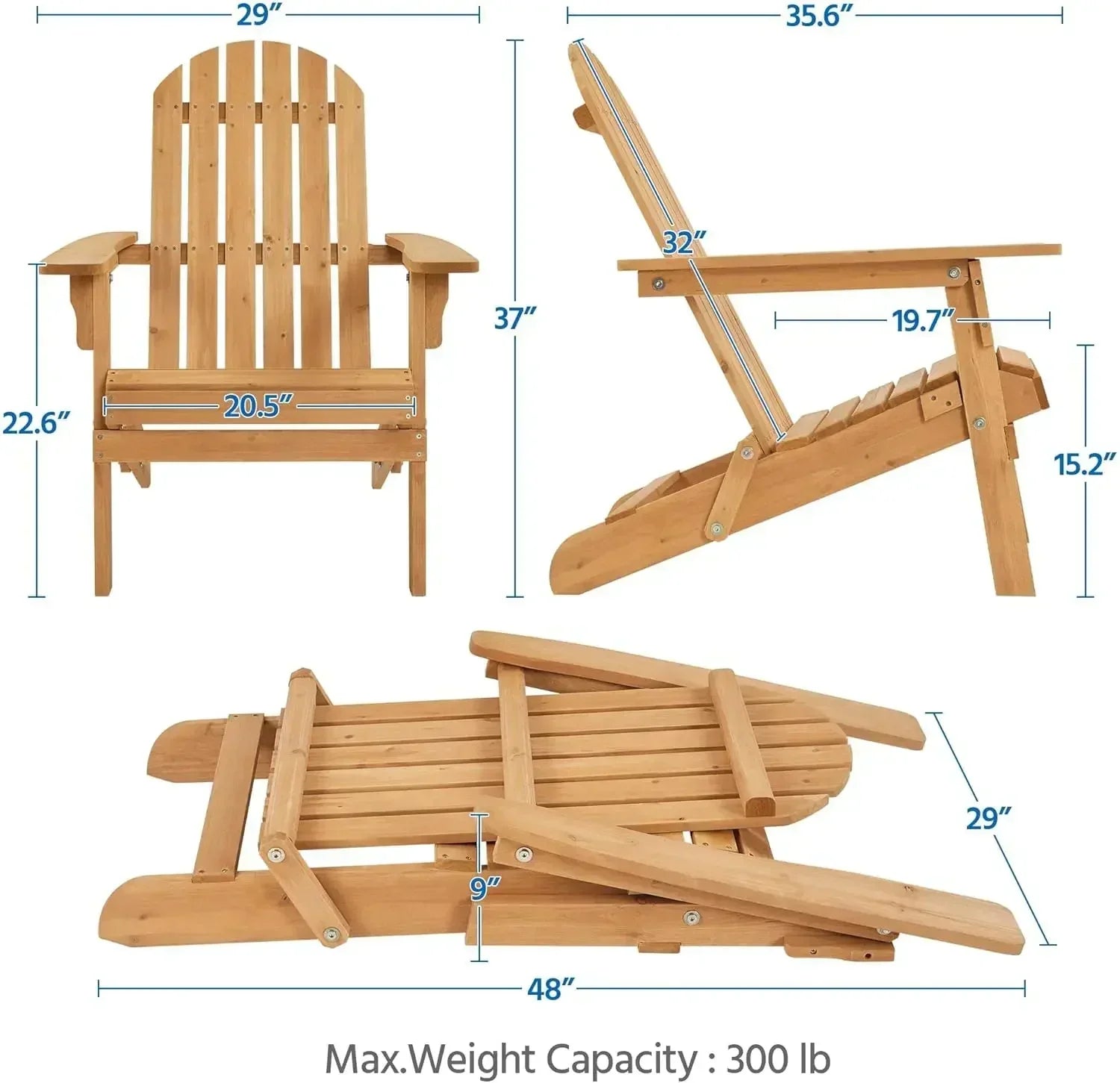 Xmsj-folding adirondack chair set of 2 outdoor 300lbs solid wood garden chair， fire pit lounge chairs