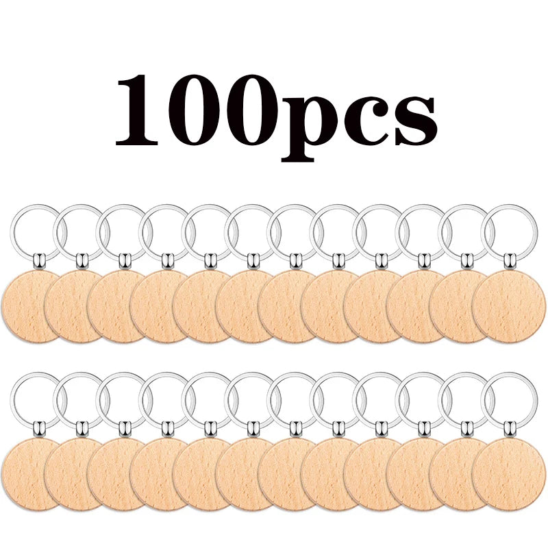 100pcs 9 styles mixed diy blank wooden keychain rectangular round heart shape wood key chain ring