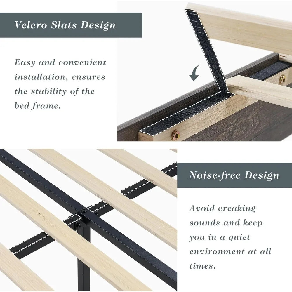 Queen size platform bed frame with 49’’ headboard farmhouse wood slat support/no box spring needed/easy assembly