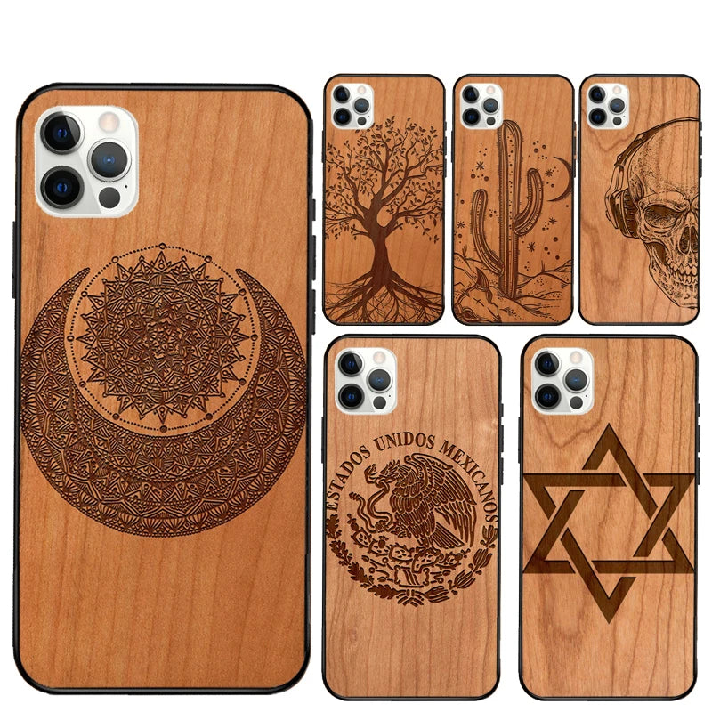 Tree rose skull cactus wood phone case for iphone 15 16 pro max 11 12 13 mini 14 xr plus 16e cover coque