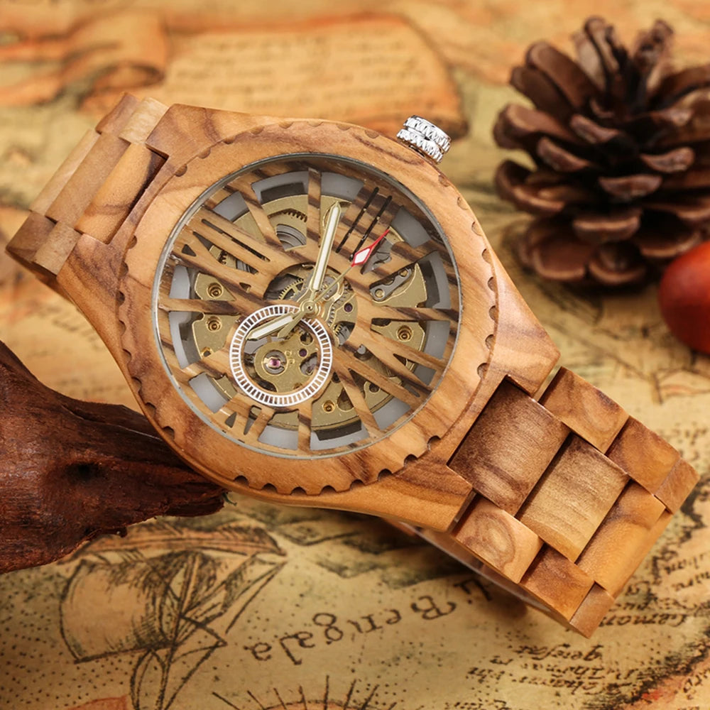 Luxury roman digital wooden men’s automatic mechanical hand wind watch casual fashion trend accessories - wood watch
