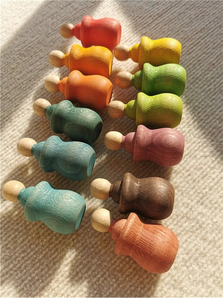 Rainbow wood peg dolls with cups handmade stain stacking people in bowls for kids open-ended play - game
