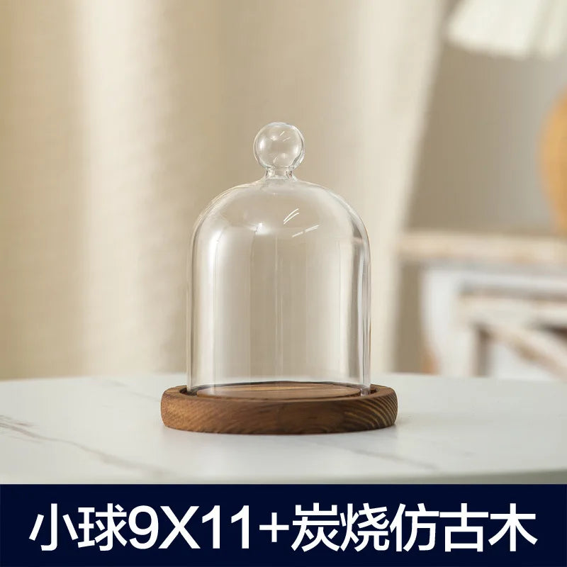 Aromatherapy candle holder ornaments dust-proof glass cover wooden base display box home decoration - pellet 11cm