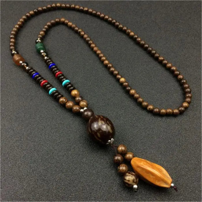 Chinese style minimalist wooden necklace long buddha bead sweater chain versatile personalized pendant men’s