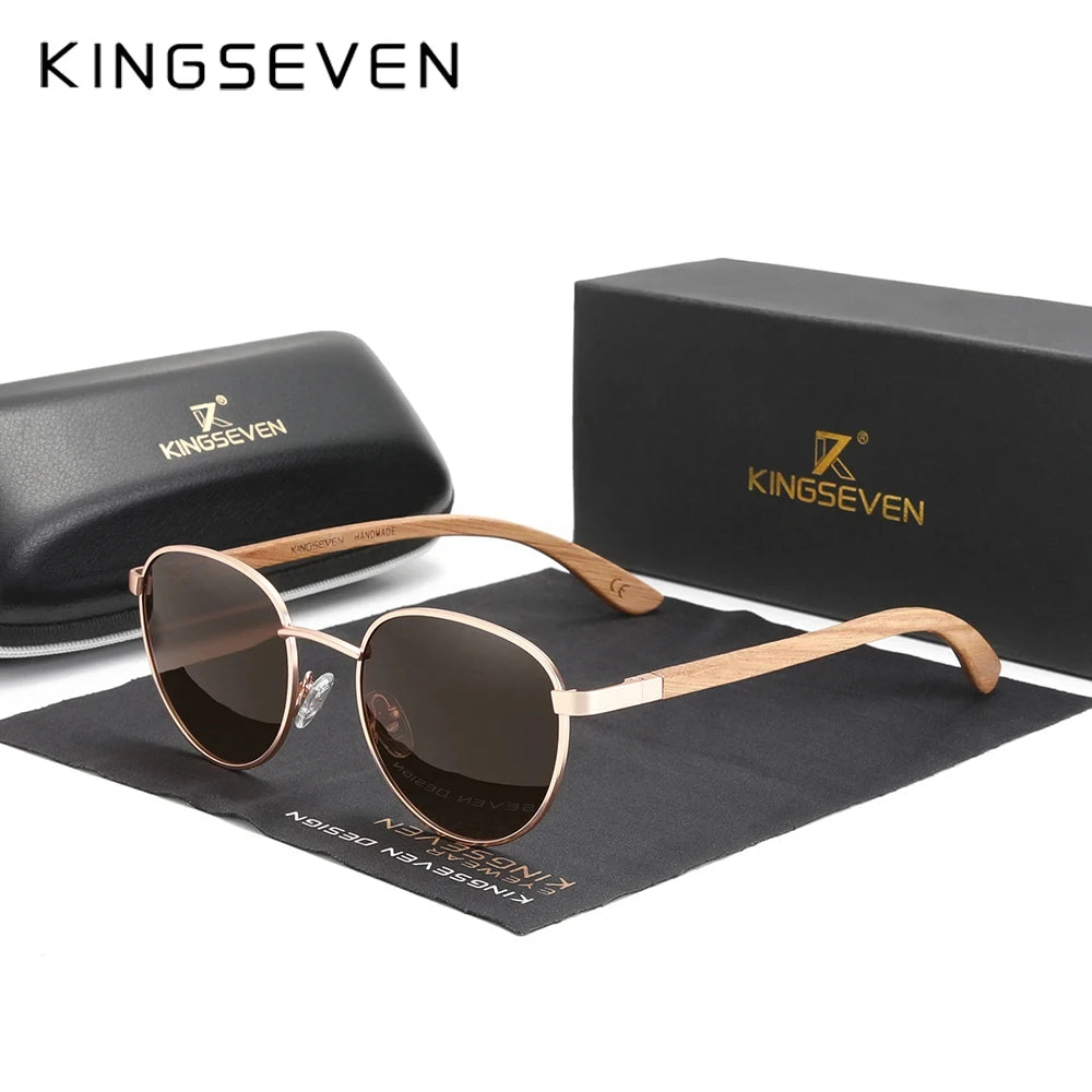 Kingseven round new sunglasses wooden polarized uv400 protect glasses hd tac lens for men women handmade gift eyewear
