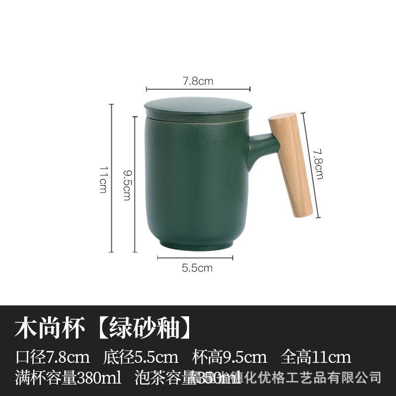 380ml teacup mugs with dustproof lid tea filter heat resistant infuser coffee cup wooden handle personal mug - e