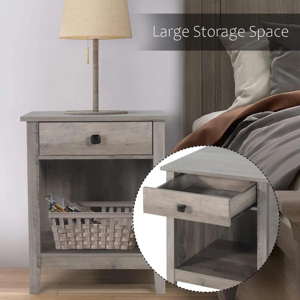 Nightstands - set of 2 wooden night stands bedside tables with drawers farmhouse style bedroom furniture (grey wood