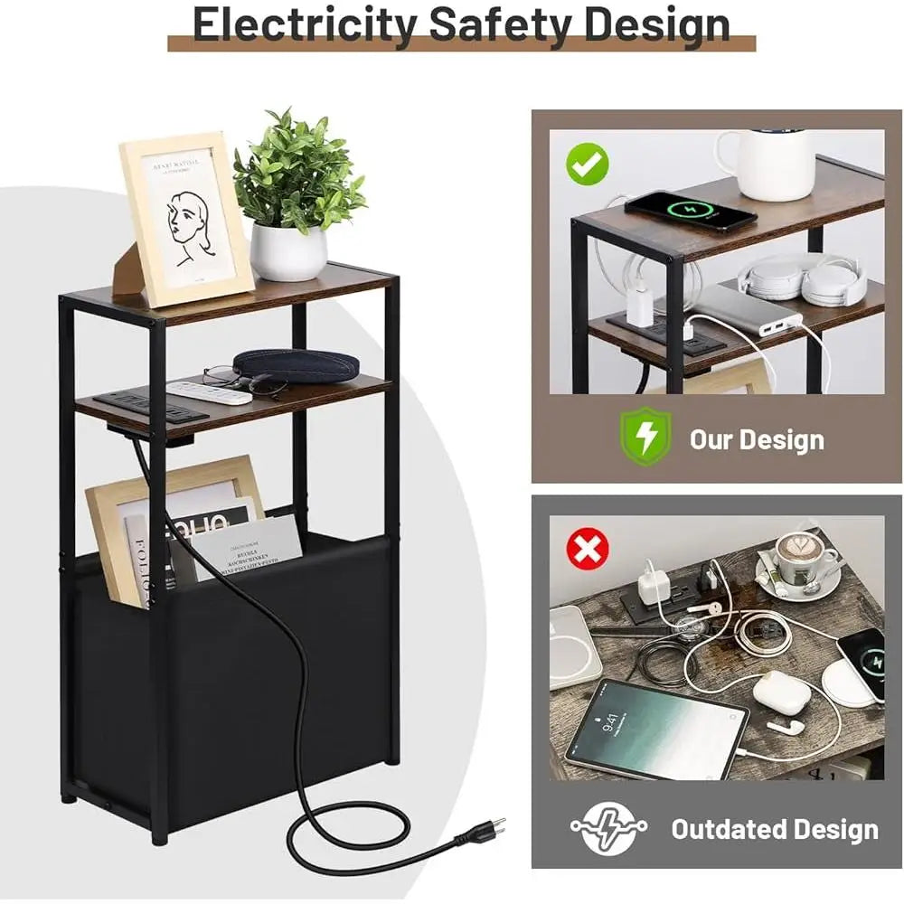 Narrow side table with charging station usb ports storage bag 3-tier slim end living room bedroom space saving - united