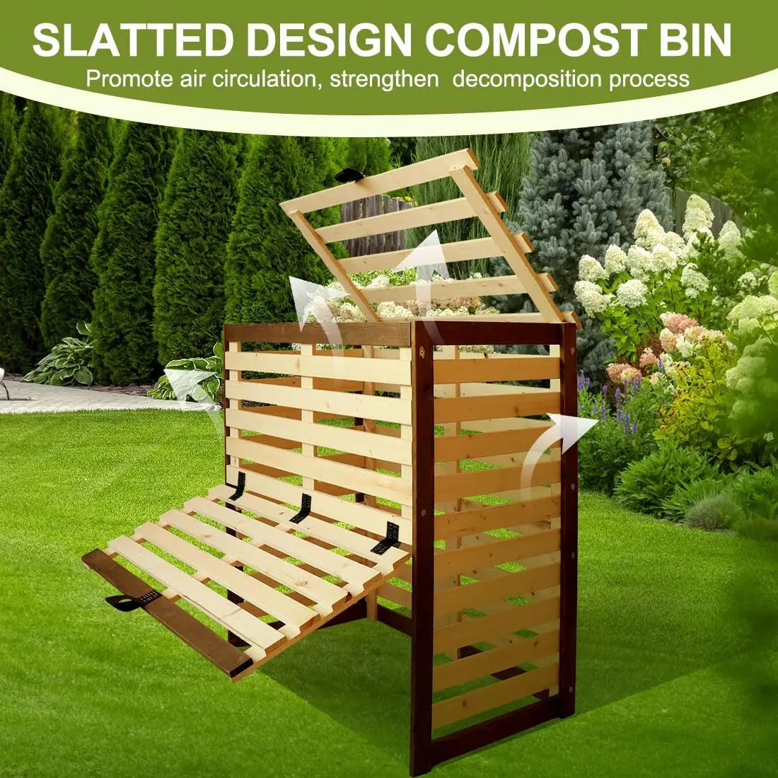 Wood composter bin 95 gallon compost outdoor with front and top door large capacity box for backyard, - united states