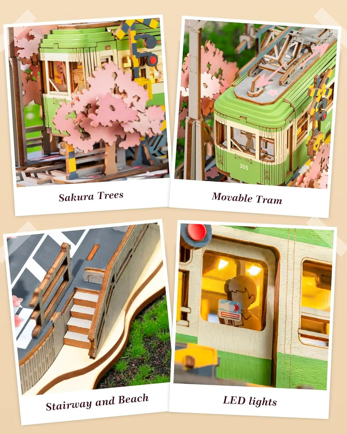 Robotime 3d puzzles sakura journey diy model building toy with led light wooden craft kits tram hobby for kids brain