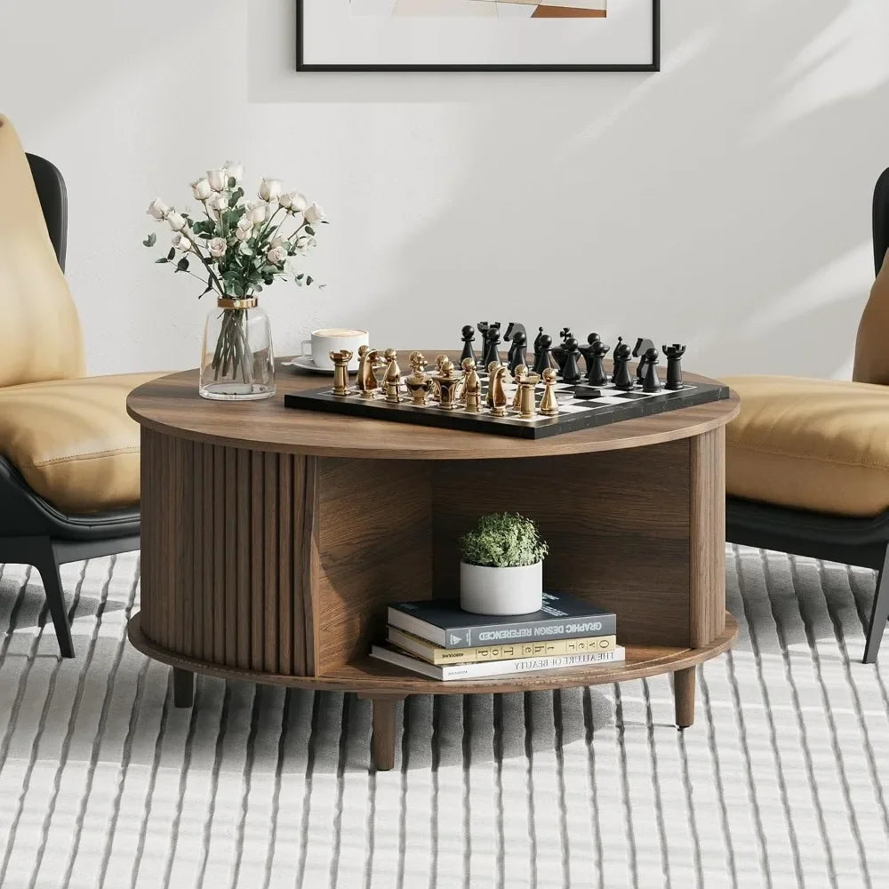 Round coffee table with storage,mid century modern sliding cabinet door,wood for living room