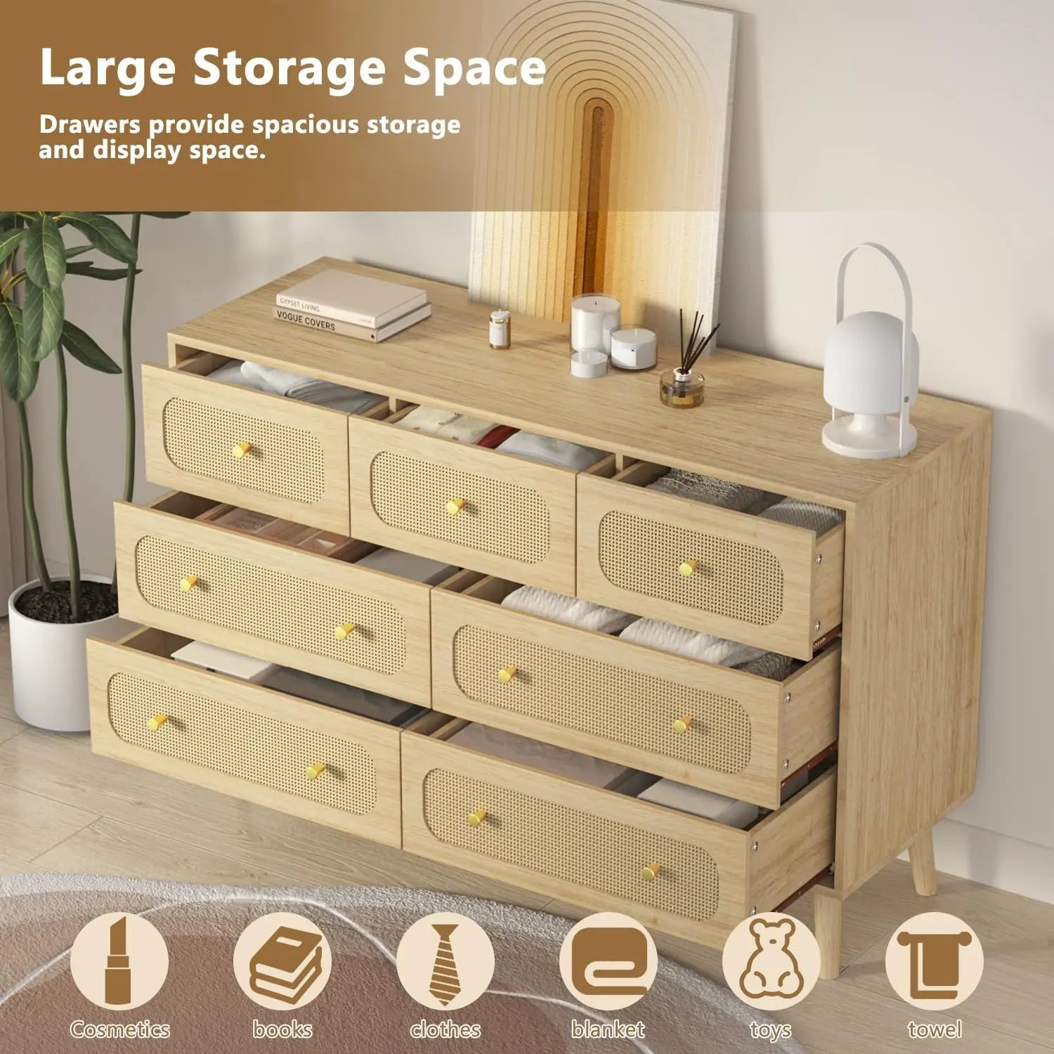 Natural wood 7 drawer rattan dresser with gold handles boho durable storage cabinet dressers & chests of drawers