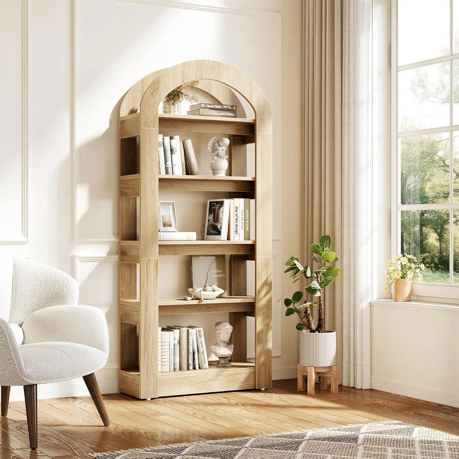 Little tree 5-tier bookshelf arch-shaped racks tall standing wooden bookcase display shelf modern storage solution