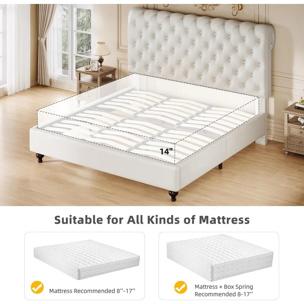 Yitahome queen size platform bed frame with 54’’ tall headboard pu leather upholstered solid wood leg button - united