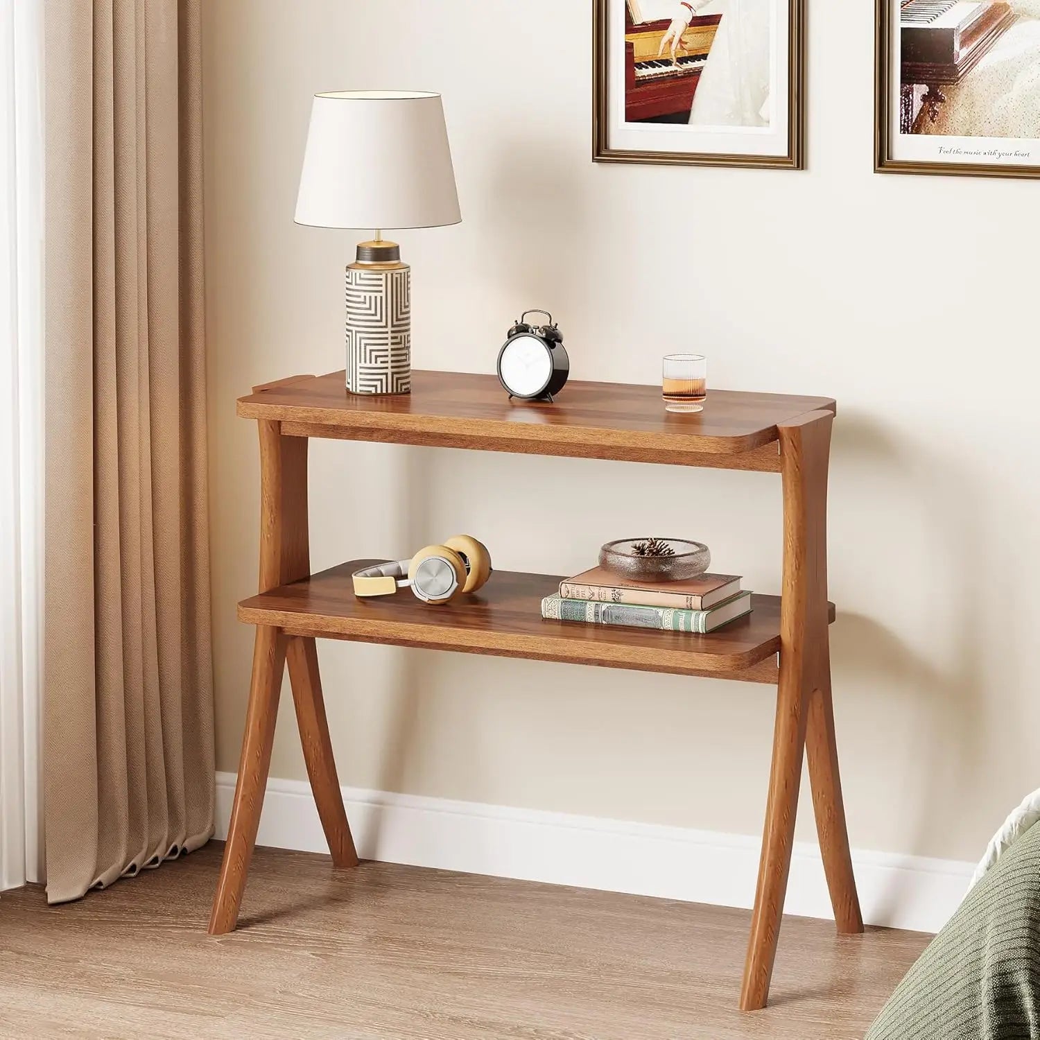 Side table for living room farmhouse end with 2-tier storage shelf and solid wood legs nightstand bedroom - united