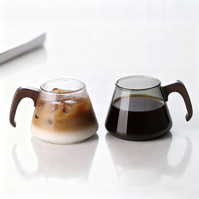 Bincoo 250ml heat resistant glass coffee cup with walnut wooden handle – durable barista latte kitchen espresso - 2pcs