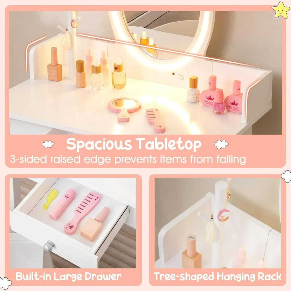 Kids vanity girls set with mirror and stool lights drawer jewelry rack 2 in 1 wooden princess makeup desk dressi