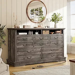 10 drawers dresser for bedroom 55.2’’wide wood white with led & power outlet large space saver chests of c - dark