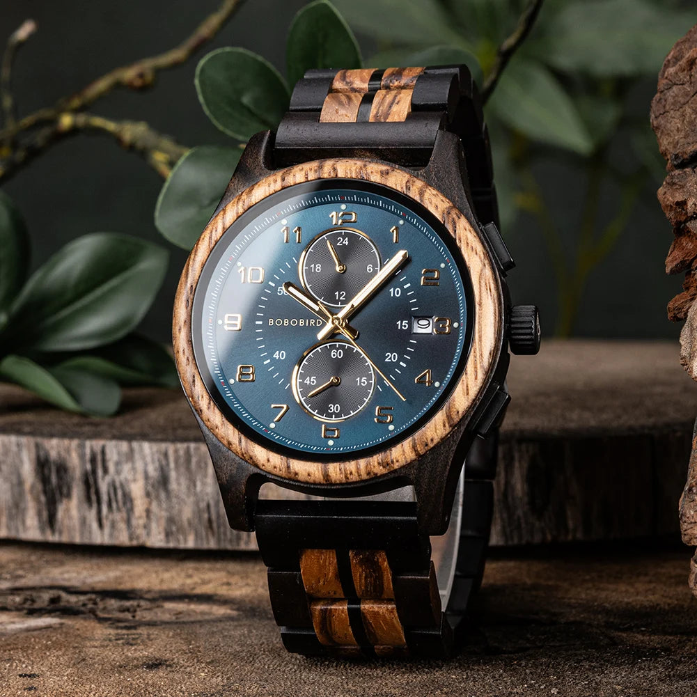 Bobo bird men watches 44mm luxury quartz watch lightweight wooden case and straps for casual support customize gift box