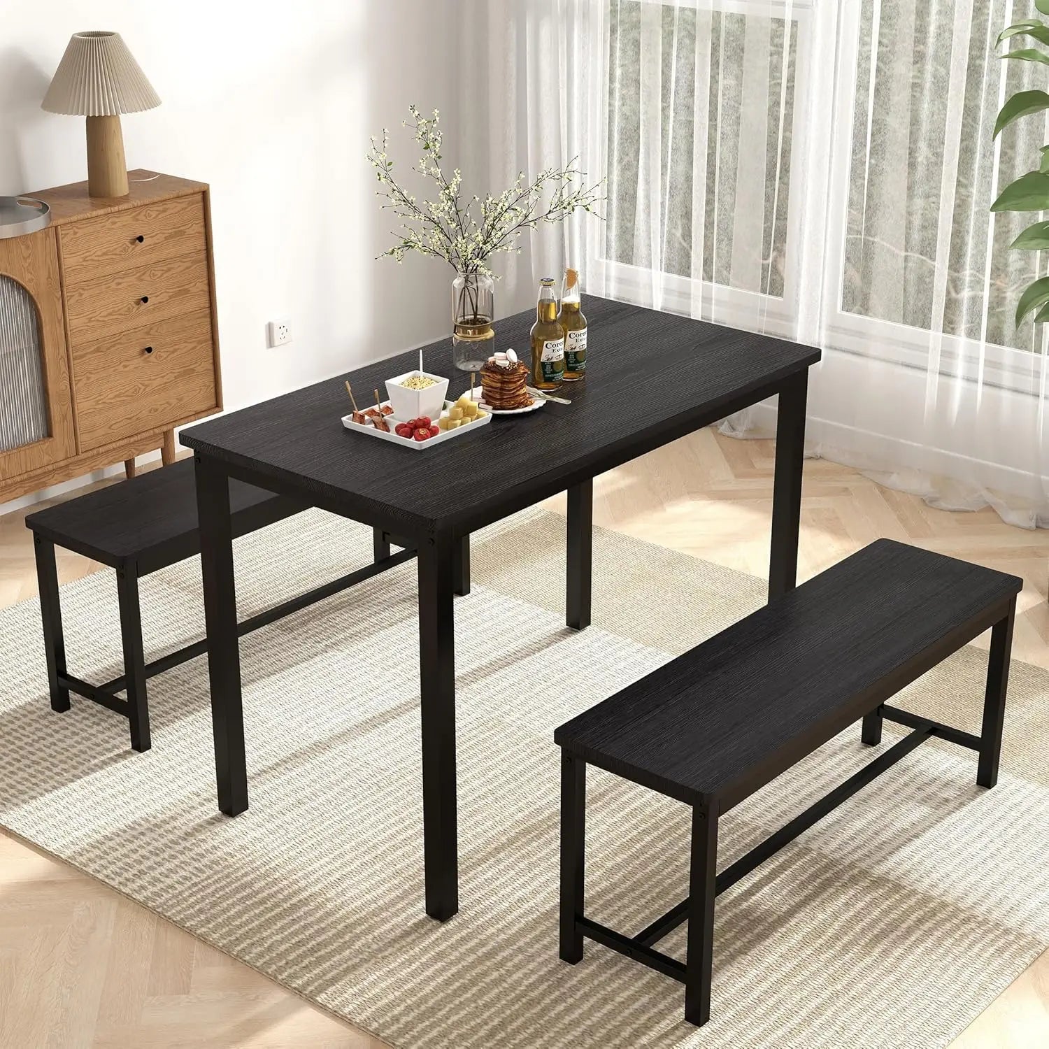 Dining table set for 4 kitchen room with 2 benches 3-piece chairs breakfast nook, - black / united states