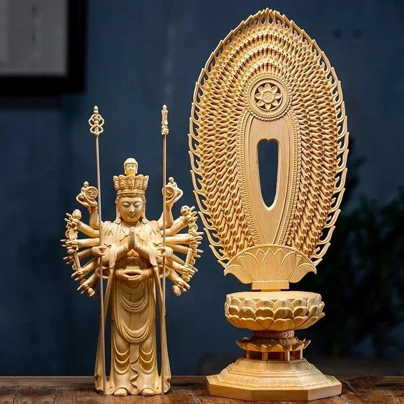 High quality large solid wood guanyin buddha statue,thousand-hand home decor sculpture - 43cm - religious (buddhist)